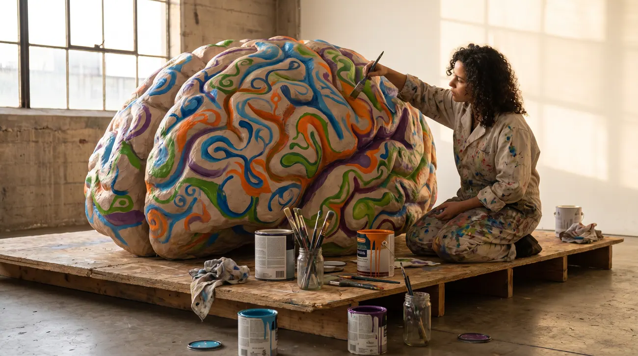 Projeção 3D: artista pintando à mão um dos cérebros da exposição no ateliê